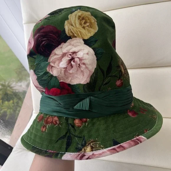 NWT DOLCE & GABBANA DOLCE & GABBANA GREEN WIDE BRIMMED FLORAL PRINT BUCKET HAT S